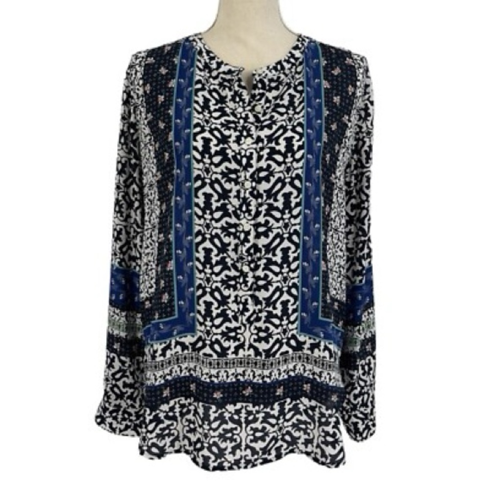 LOFT Boxy Long Sleeve Blouse in Blue and Black